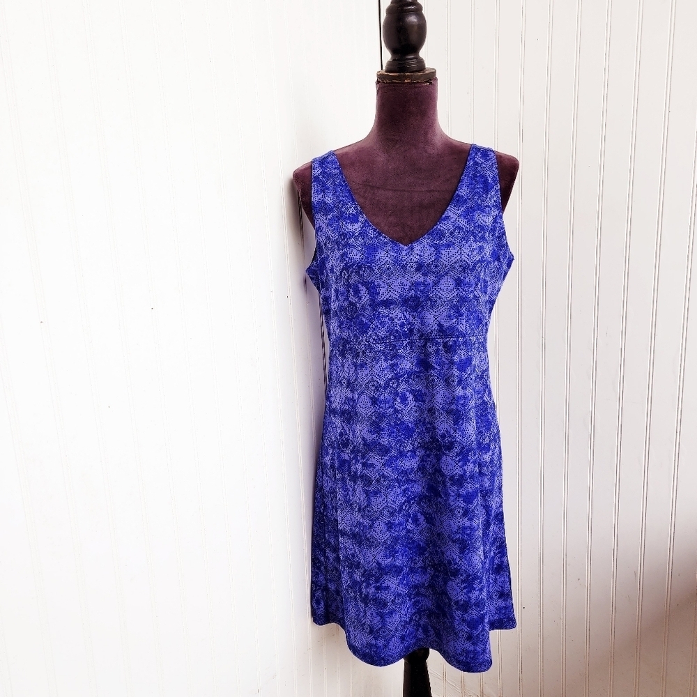 LL Bean Traveler Dress Comfy Stretchy Floral Womens Sleeveless Blue Purple Sz S